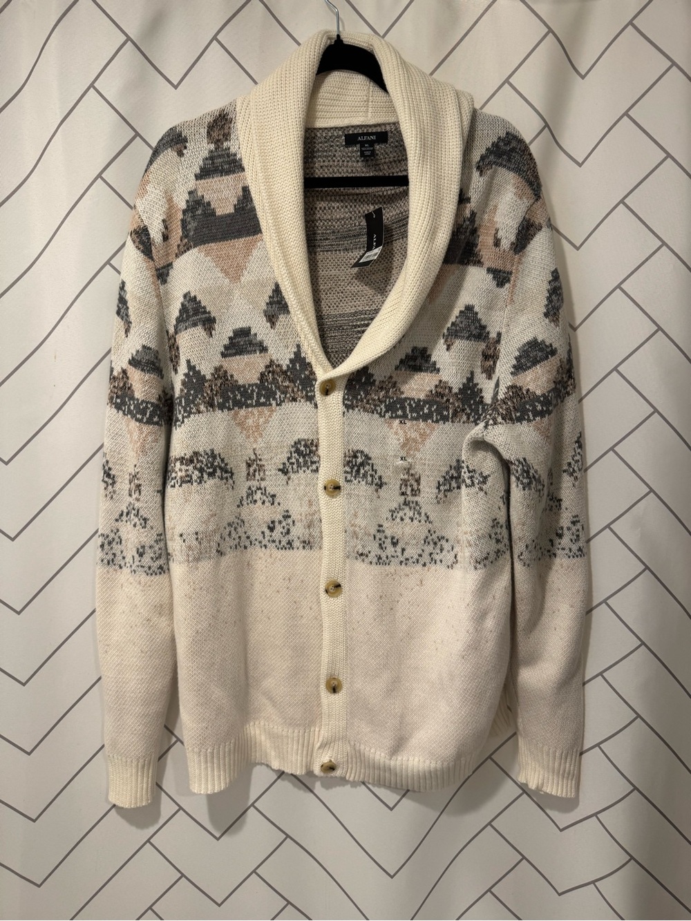 Alfani Cream Shawl Collar Cardigan with Gray and Tan Fair Isle